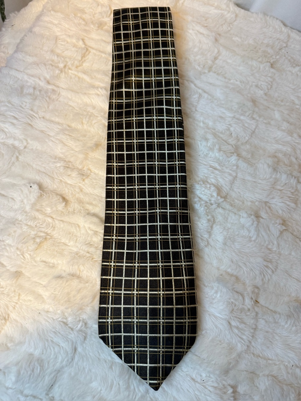 Stefano Conti 100% Silk Black Gold Plaid Wide Necktie 4 Inch